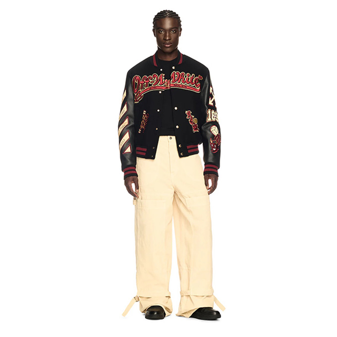 off white padded embroidered leather panel varsity jacket